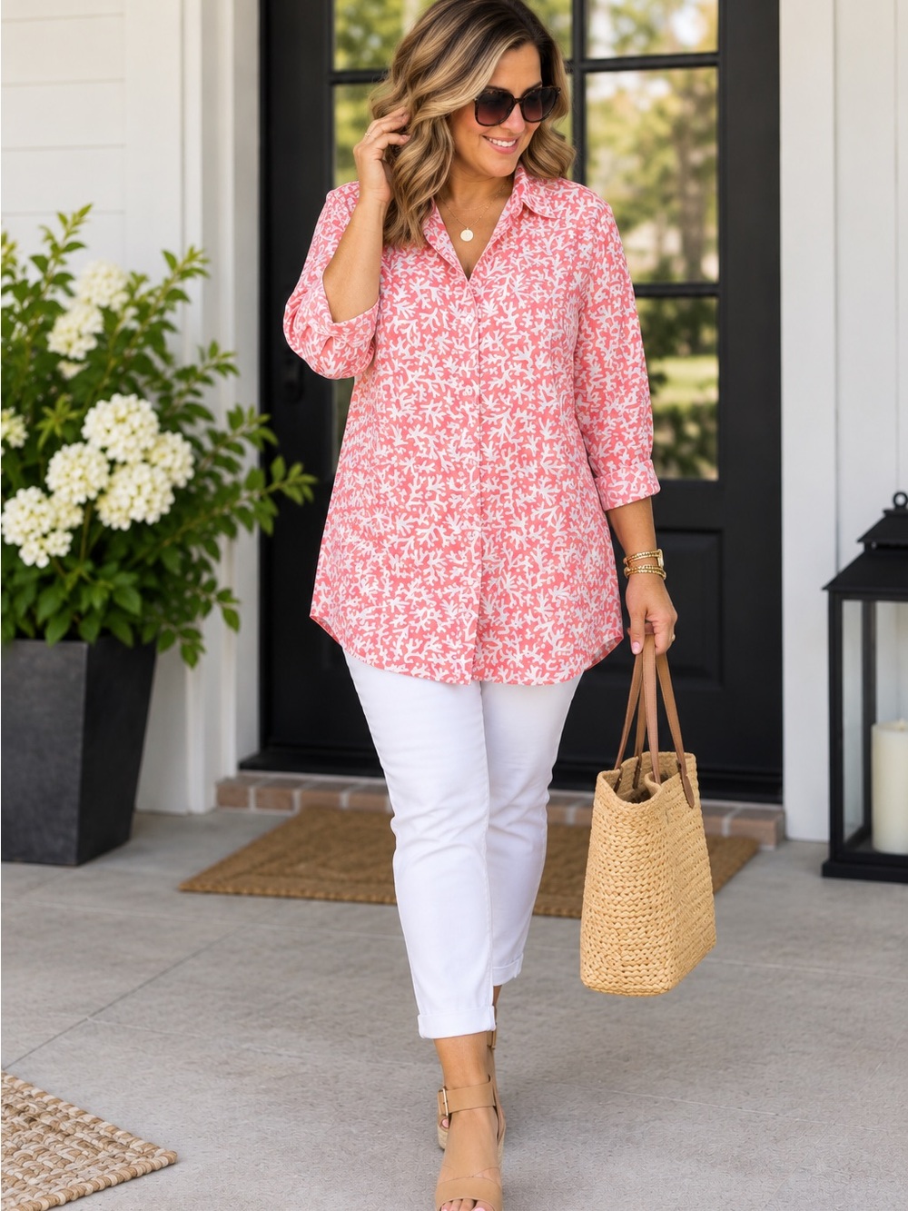 croft & barrow Coral and White Printed Button-Front Tunic